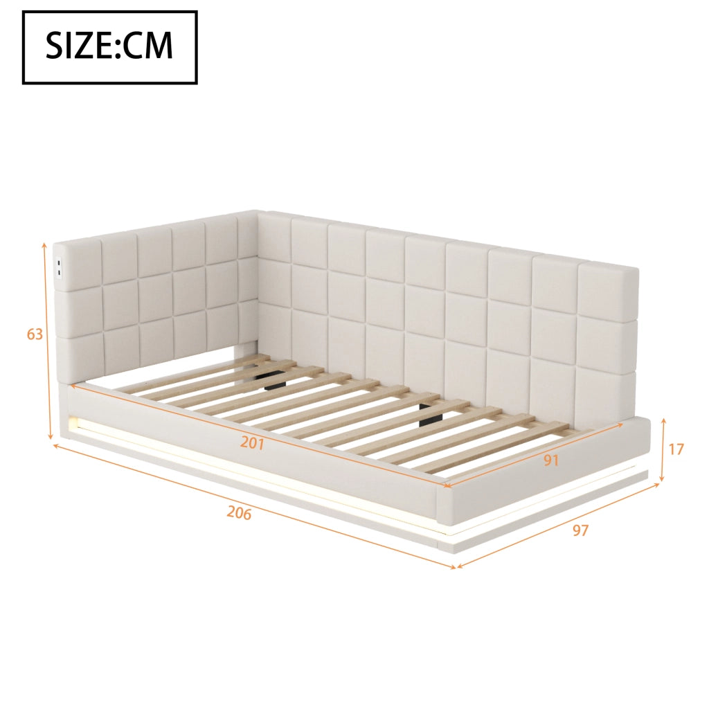 OKWISH Letto divano 90×200 cm, Letto Singolo con LED Multicolore, USB e Doghe, senza Materasso, in Tessuto Lino, Beige
