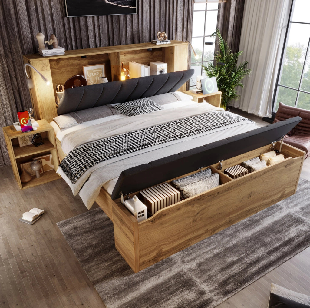 Letto matrimoniale 160x200 cm in legno rovere con testiera reclinabile in lino, due comodini, panca contenitore e luci da lettura USB inclusi con rete e materasso