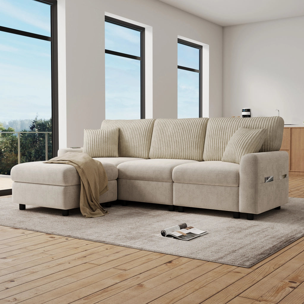 Divano dritto moderno con pouf mobile, porta USB e porta di tipo C, 2 cuscini quadrati, in ciniglia e velluto a coste beige
