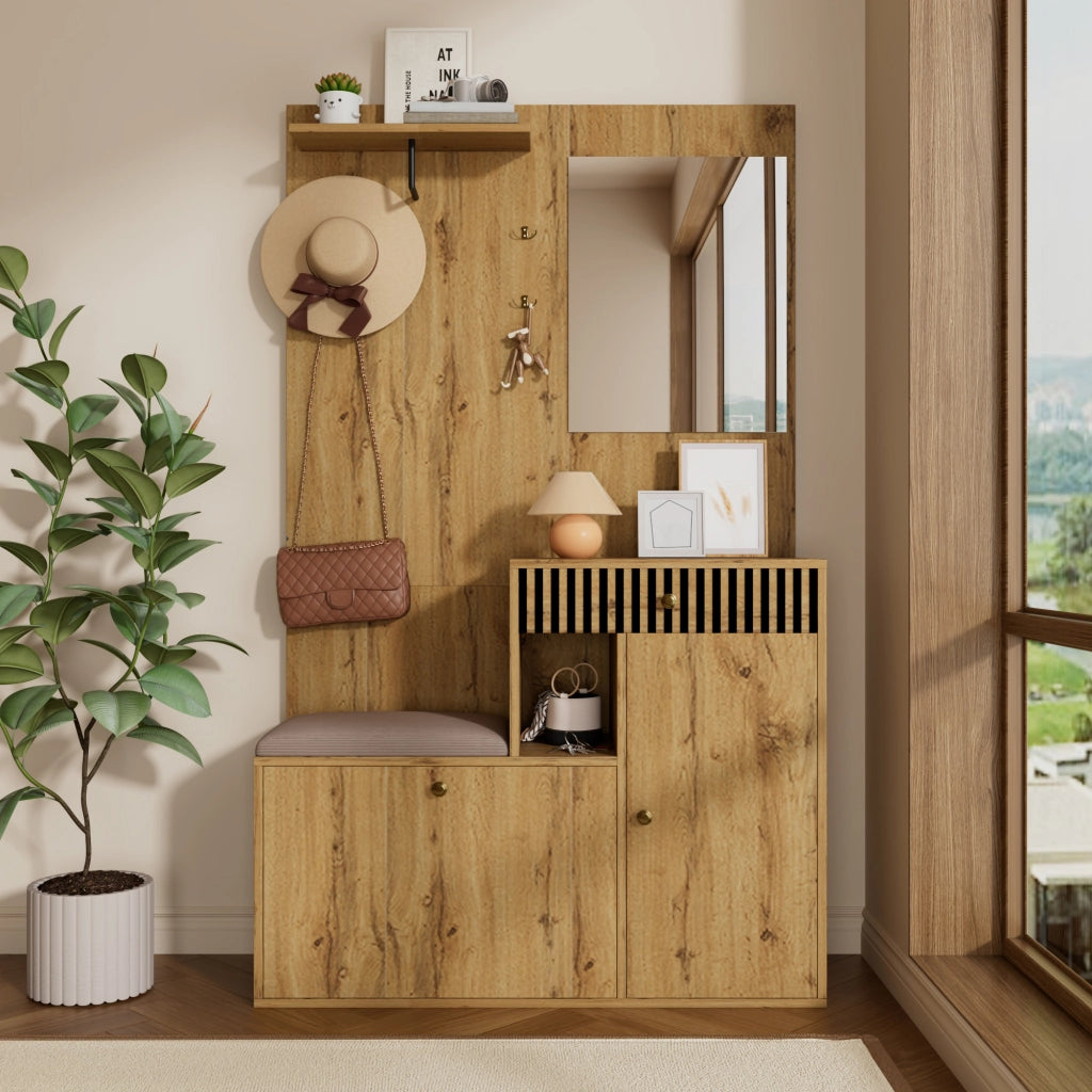 ARMADIO Ingresso con Specchio e Seduta 110x37x185,5 cm MDF Nero e Legno