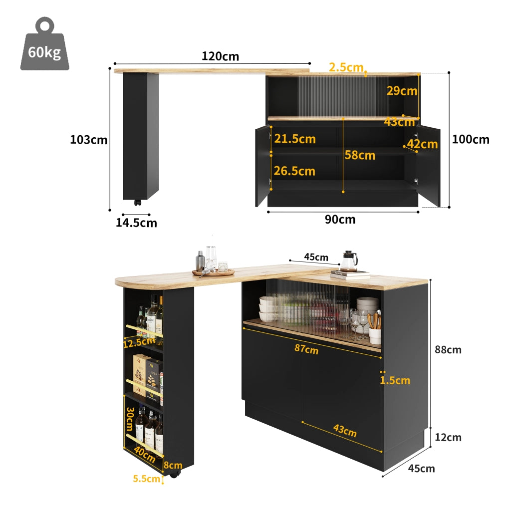 Mobile bar girevole a 360 gradi con porta scorrevole in vetro ripiani cassetti e vani chiusi in MDF nero