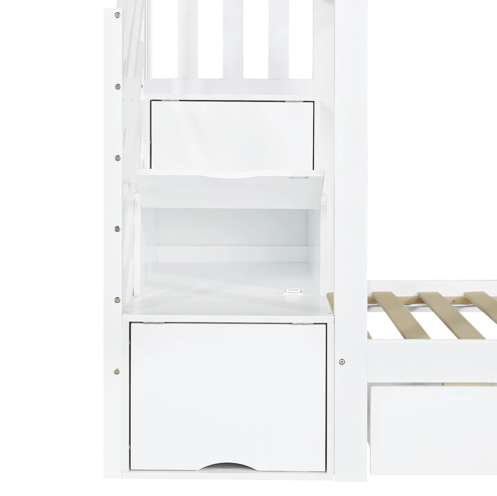 Letto a castello per bambini con scivolo, due cassetti su rotelle e scaletta con armadietto, bianco 90x200 cm