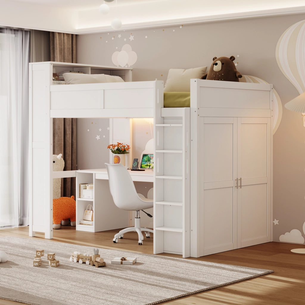 Letto a soppalco 90x200 con scrivania; armadio e illuminazione LED; bianco