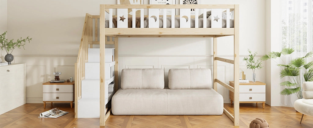 Letto a soppalco per bambini 140 × 200 cm con scala ripiani area divano e decorazioni luna e stelle in legno