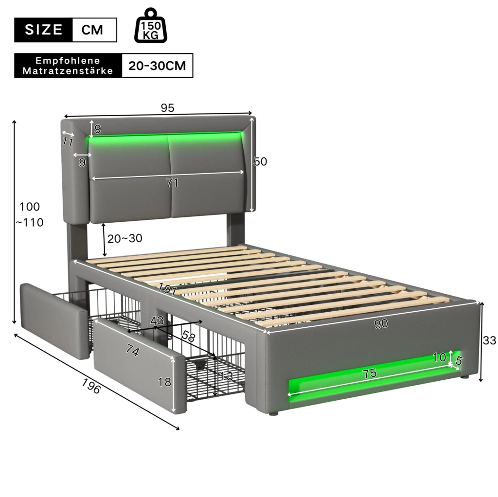 Letto imbottito 90x190 cm con LED, USB e 4 cassetti