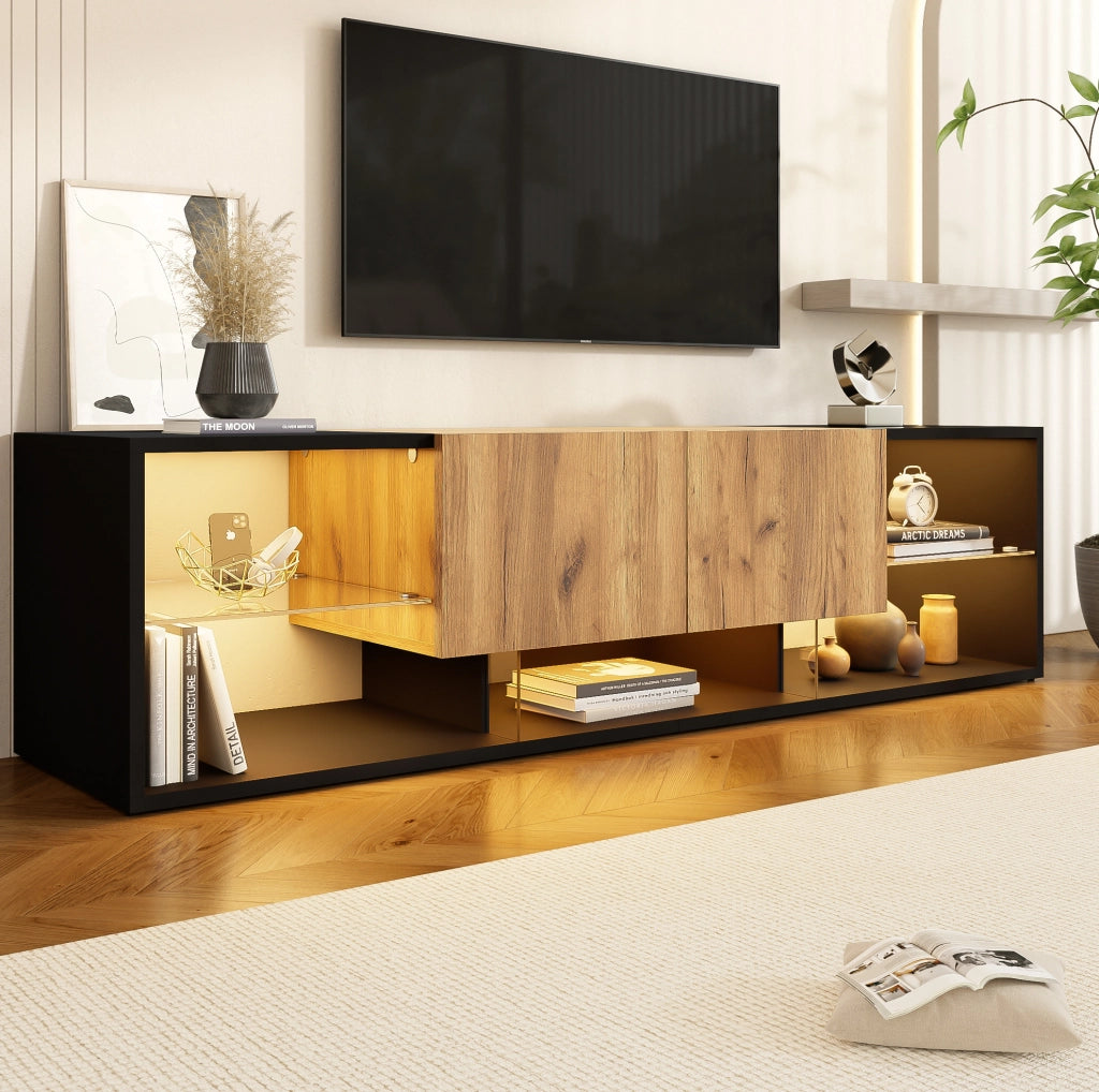 Mobile TV LED 160x40x42 cm in truciolato nero e naturale con contenitore