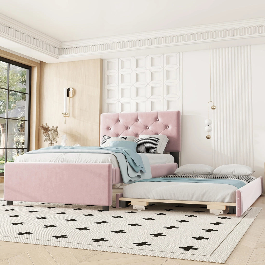 Letto imbottito rosa 90x200 cm in velluto con rete a doghe e letto estraibile