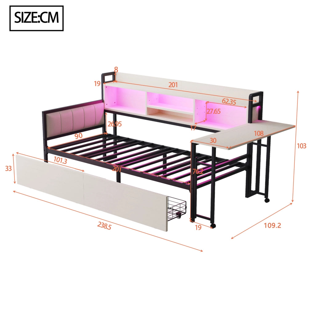 Divano letto in ferro 90 x 200 cm con luce LED e contenitore, cassetti e presa multipla, scrivania estraibile, schienale - Bianco