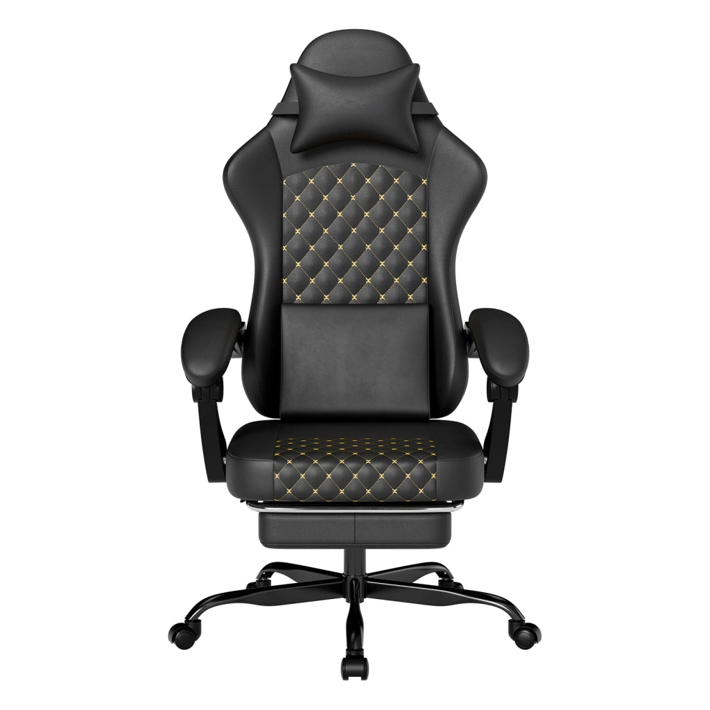 Sedia da ufficio ergonomica con poggiapiedi estraibile, schienale reclinabile e braccioli sincronizzati in pelle nera