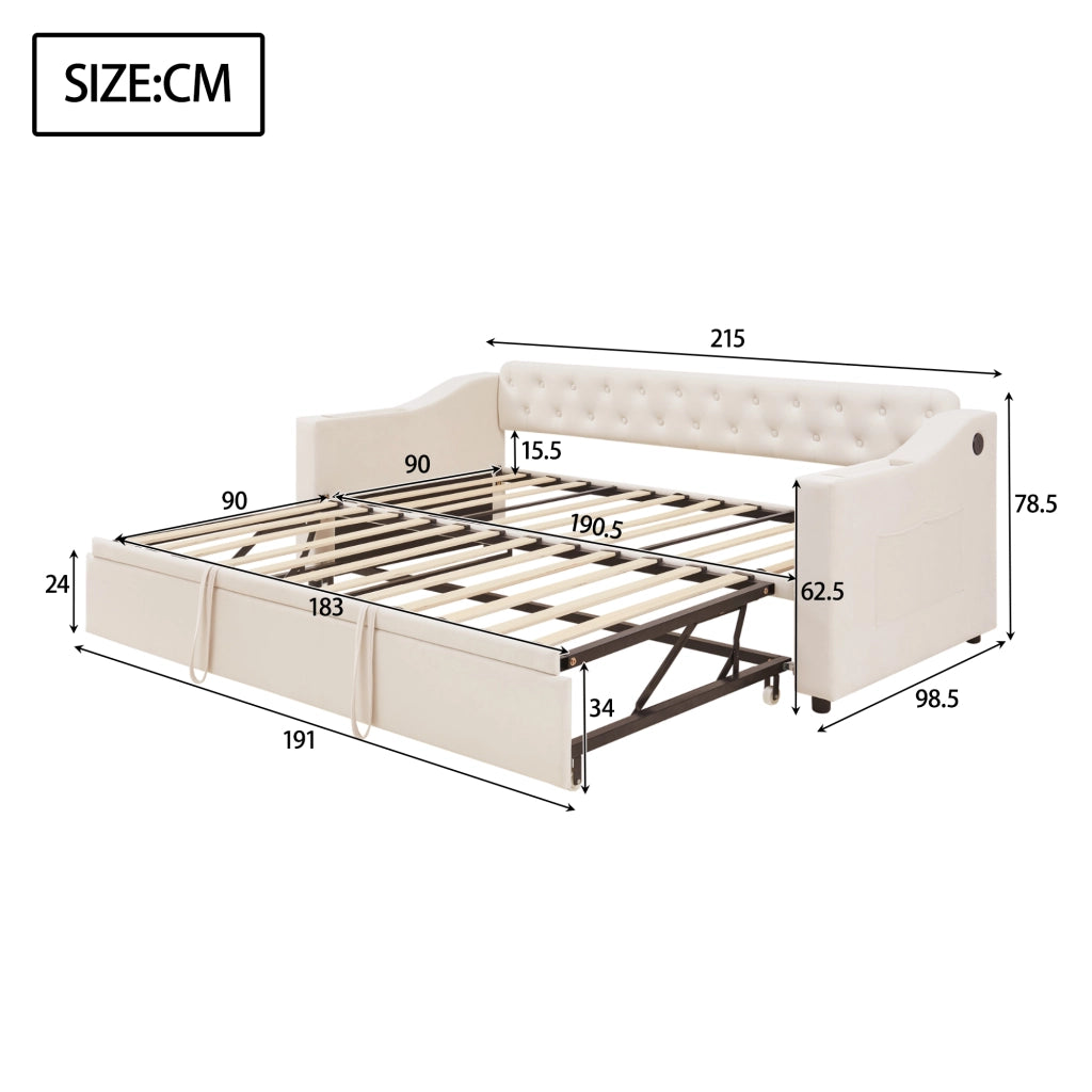 Divano letto 90 × 190 cm estraibile con apertura idraulica; velluto beige; USB e porta Type-C