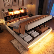 Letto imbottito 160x200 cm con contenitore idraulico, LED e prese USB-C in lino beige