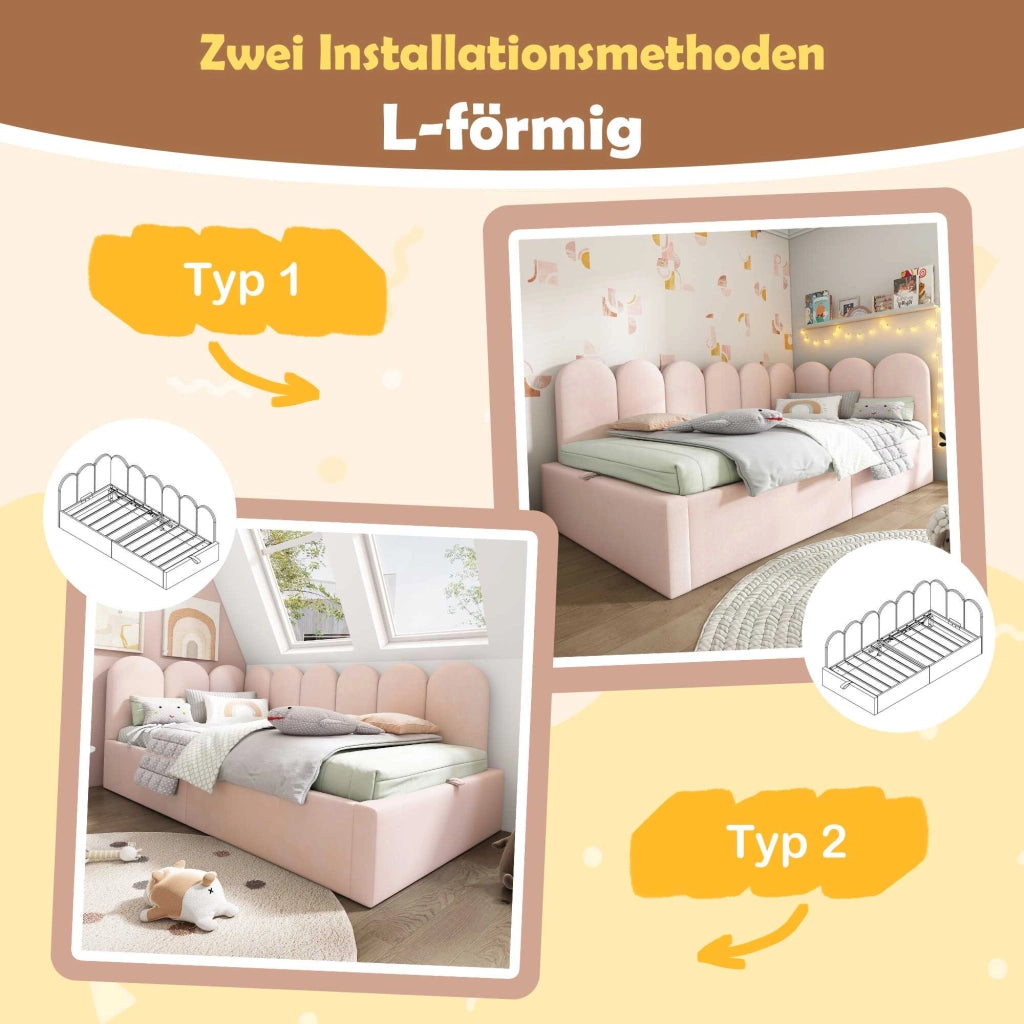 Letto singolo contenitore 90x200 cm in velluto rosa, modello daybed con rete sollevabile, senza materasso