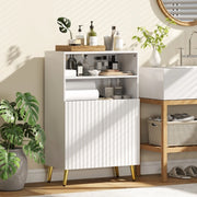 Mobiletto da bagno in MDF bianco con ante soft-close, 2 ripiani aperti e gambe dorate coniche
