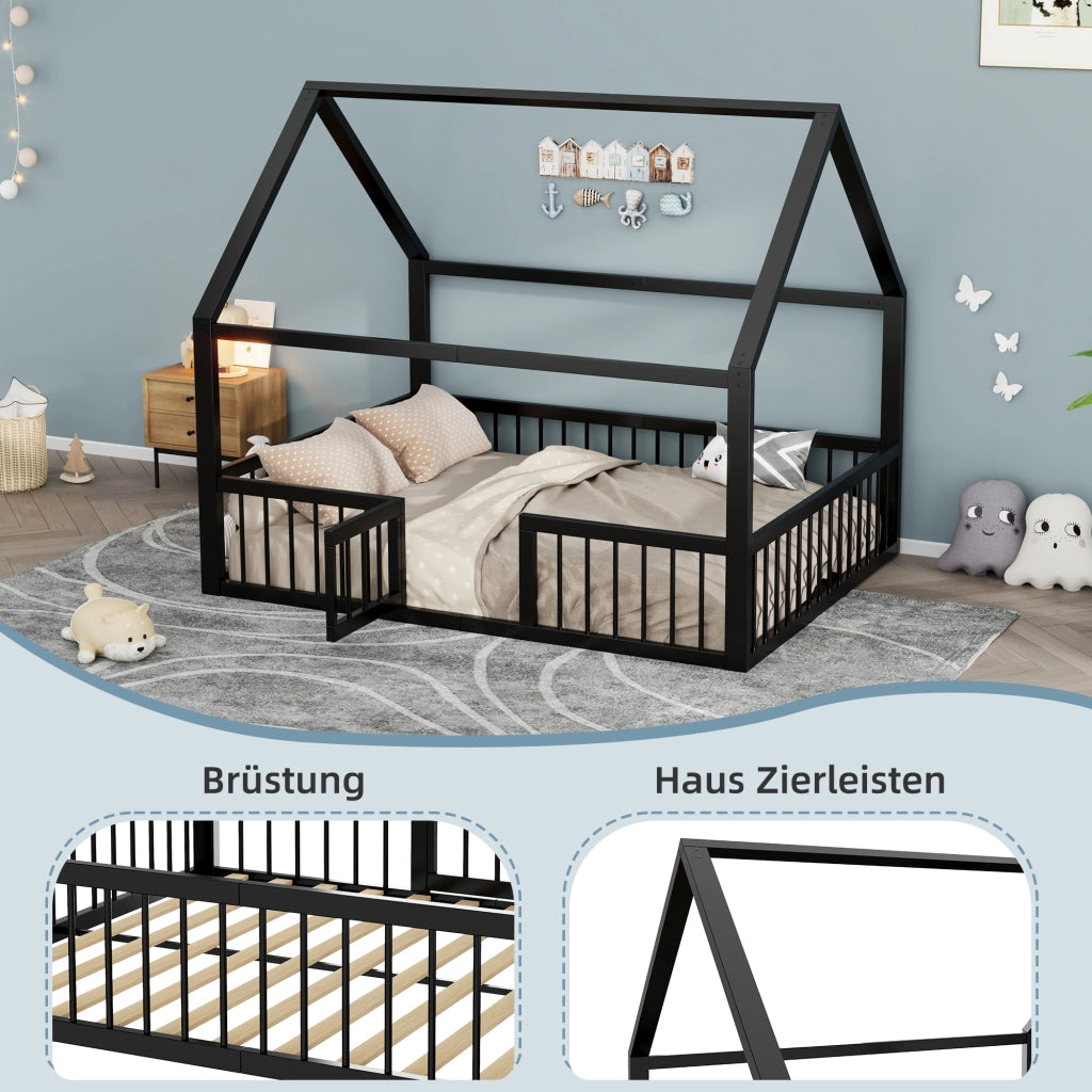 Letto a casetta 140 × 200 cm con barriera e cancelletto in metallo nero senza materasso