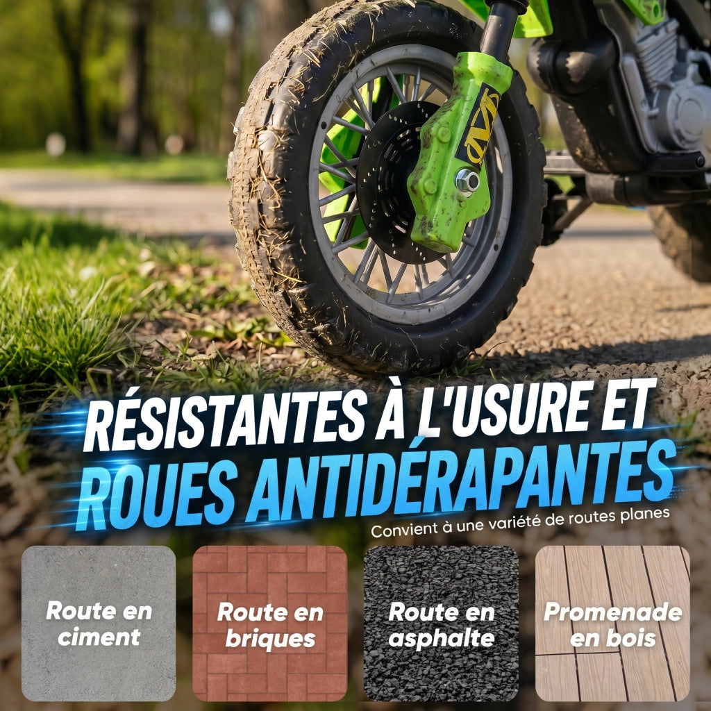Moto cross elettrica per bambini 3-6 anni con batteria 6V fari musica e rotelle di supporto carico 25kg verde e nero