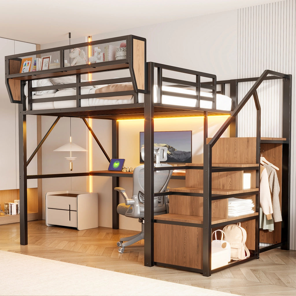 Letto a Soppalco 140x200 in Metallo con Scrivania; Luci LED e Prese Integrate; Nero