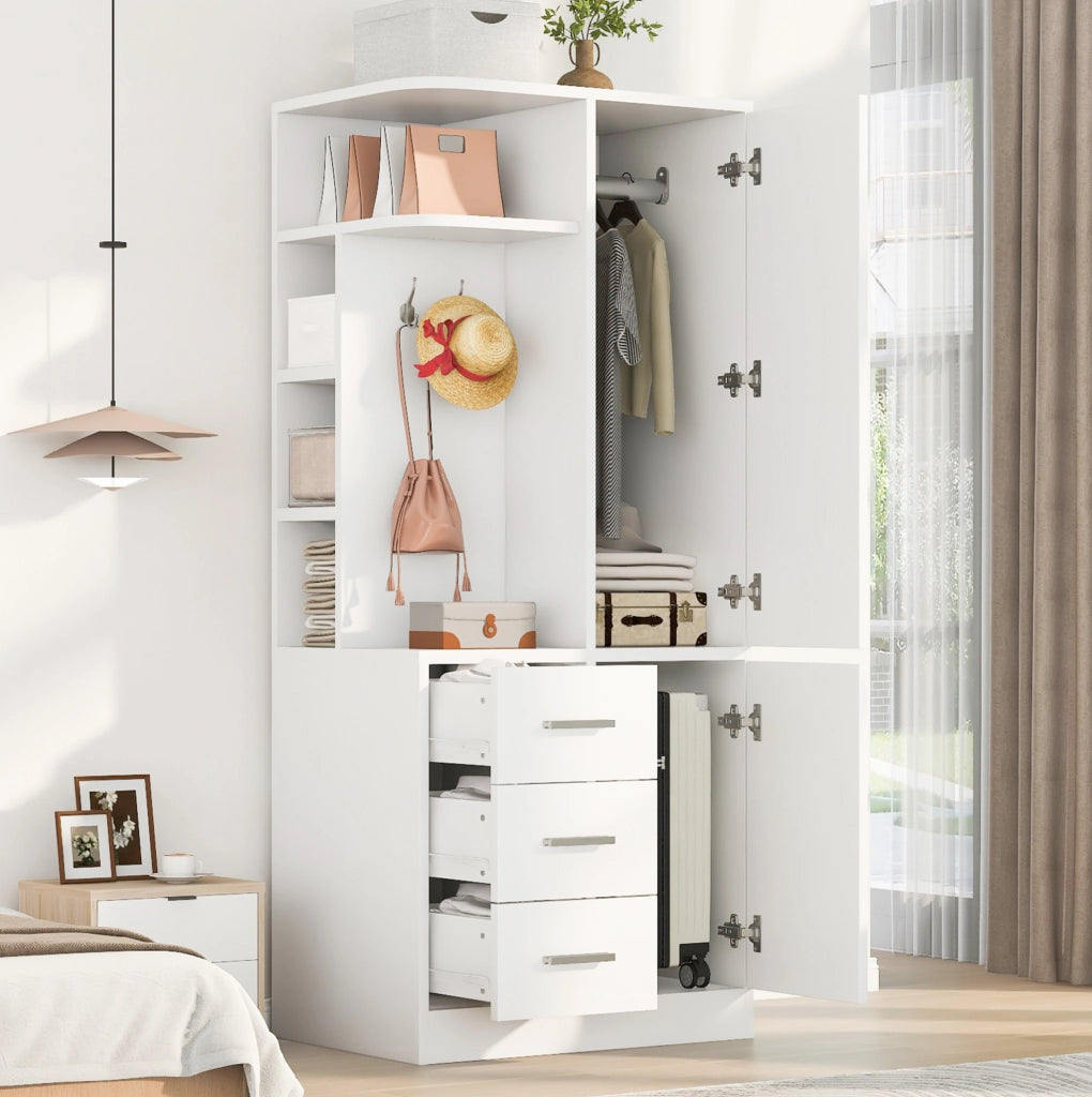Armadio a 1 anta 70x50x170 cm con cassetti; ripiani e appendiabiti bianco