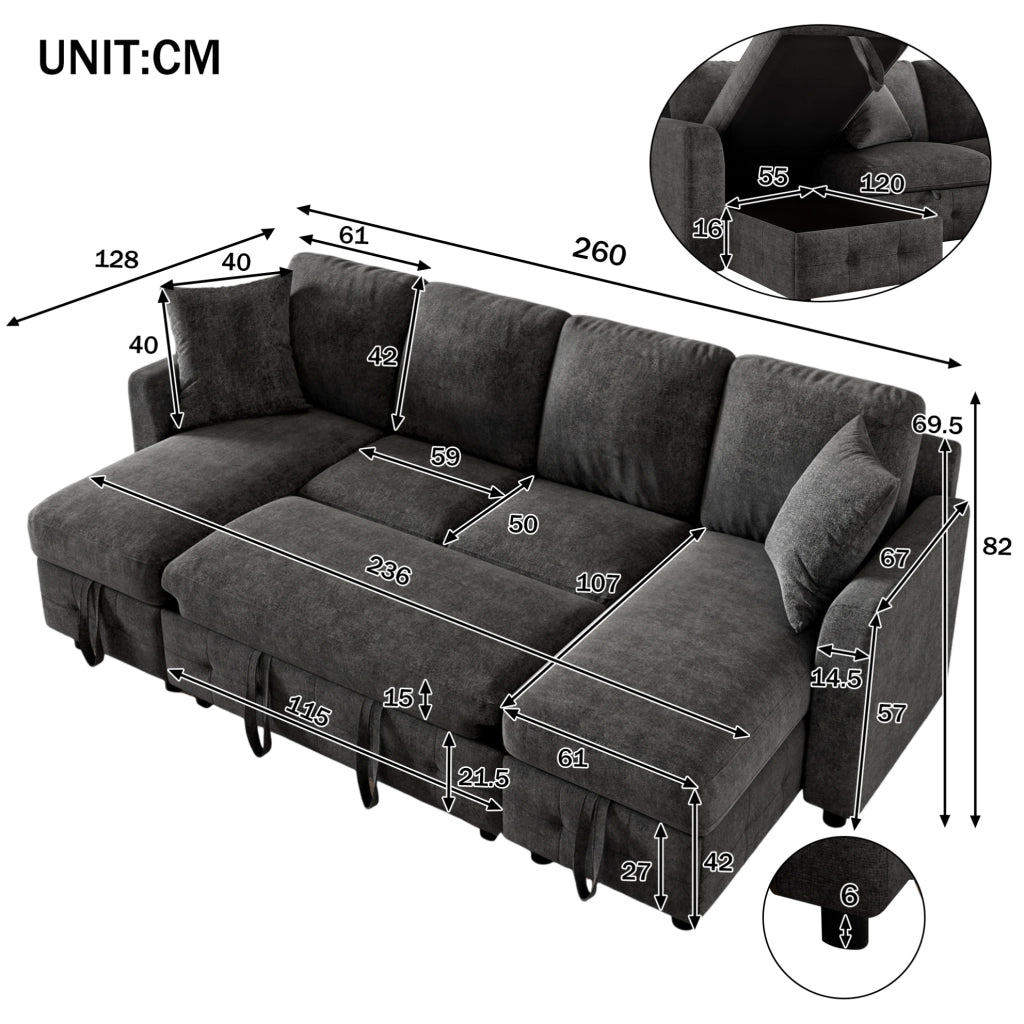 Divano letto estraibile in ciniglia con 2 chaise longue contenitore; USB e Type-C; grigio scuro