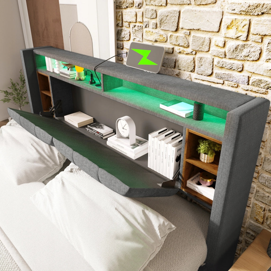 Letto imbottito 140x200 grigio - Xylo - con USB e LED