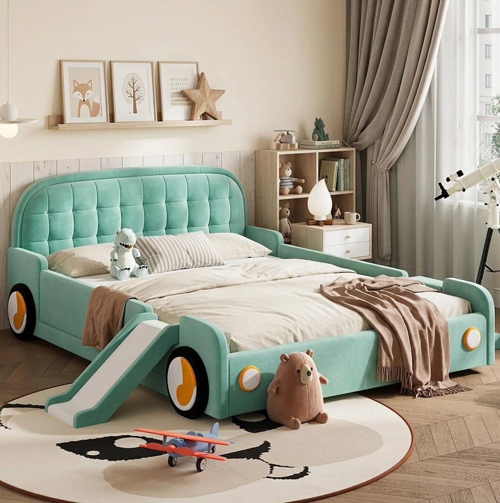 Letto per bambini a forma di auto con scivolo e scala 140x200 cm in velluto blu verde