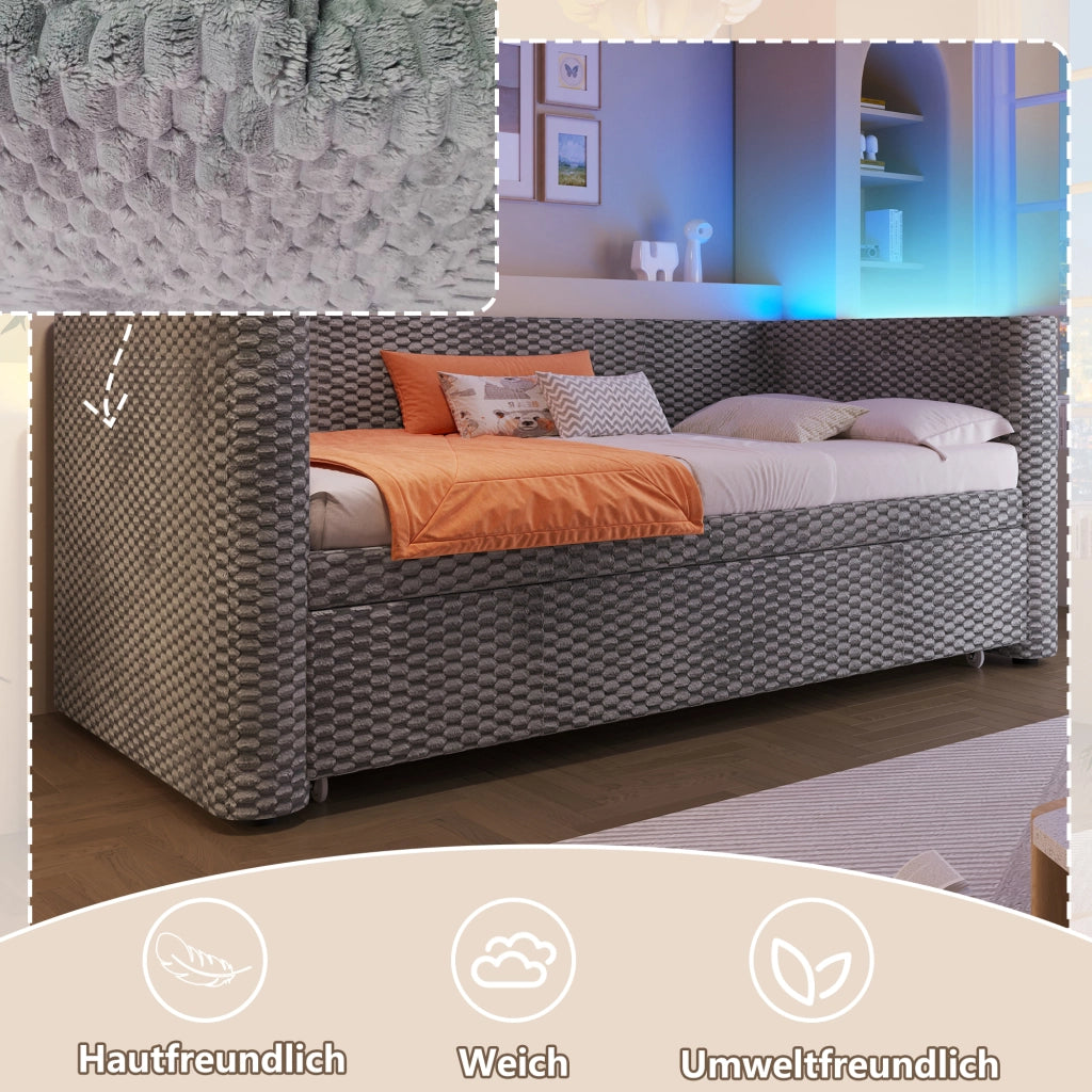 Letto divano estraibile 90 × 200 cm e 180 × 200 cm; 1 o 2 posti; LED multicolore; senza materasso; velluto grigio