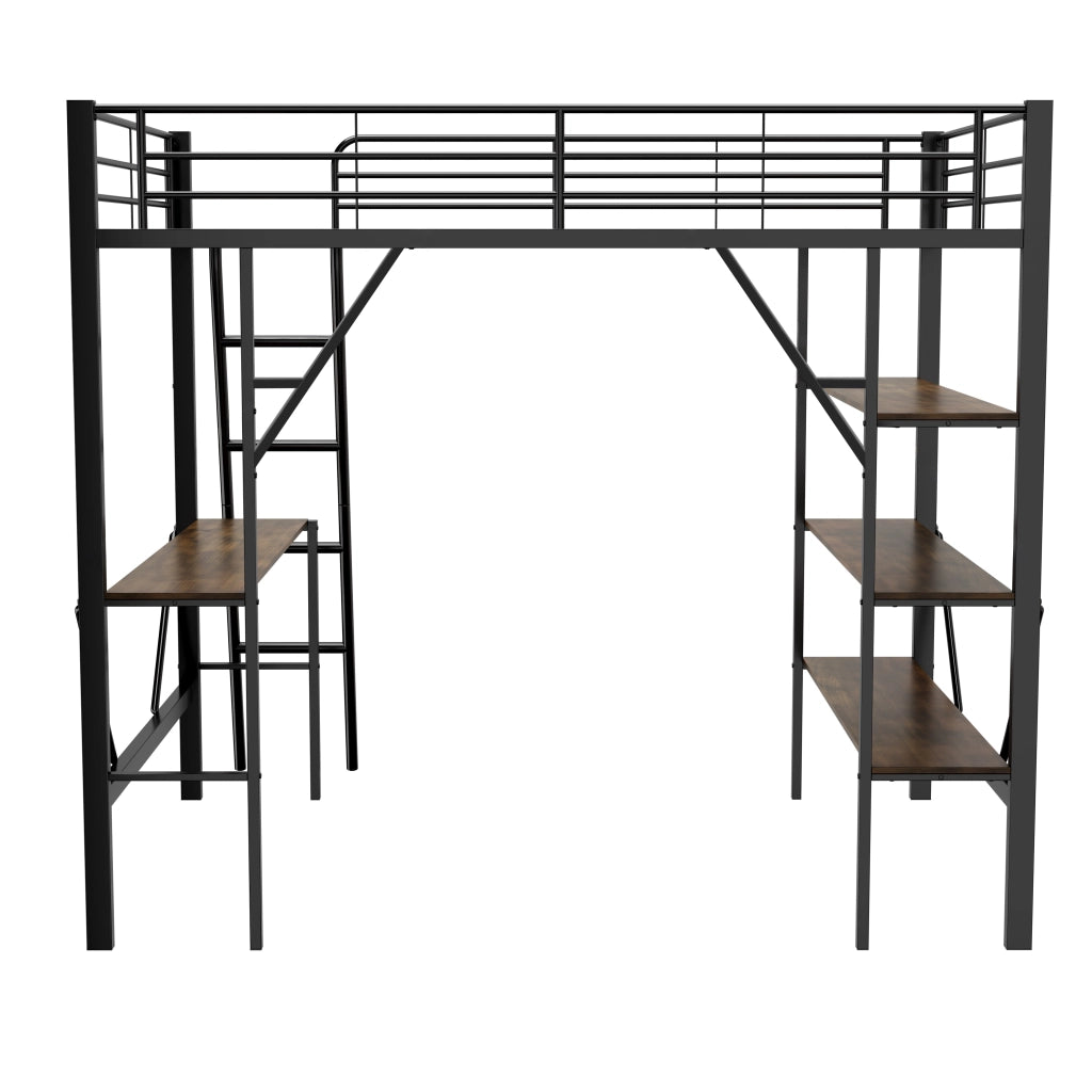Letto a soppalco 90x200 cm con scrivania e 3 ripiani; struttura in metallo e MDF; nero