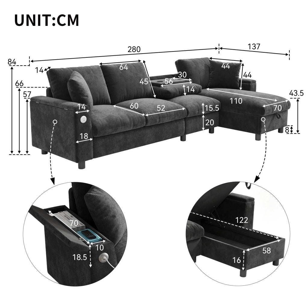 Divano angolare con funzione letto e chaise longue reversibile tavolino pieghevole porte USB e Type C contenitore braccioli chenille grigio