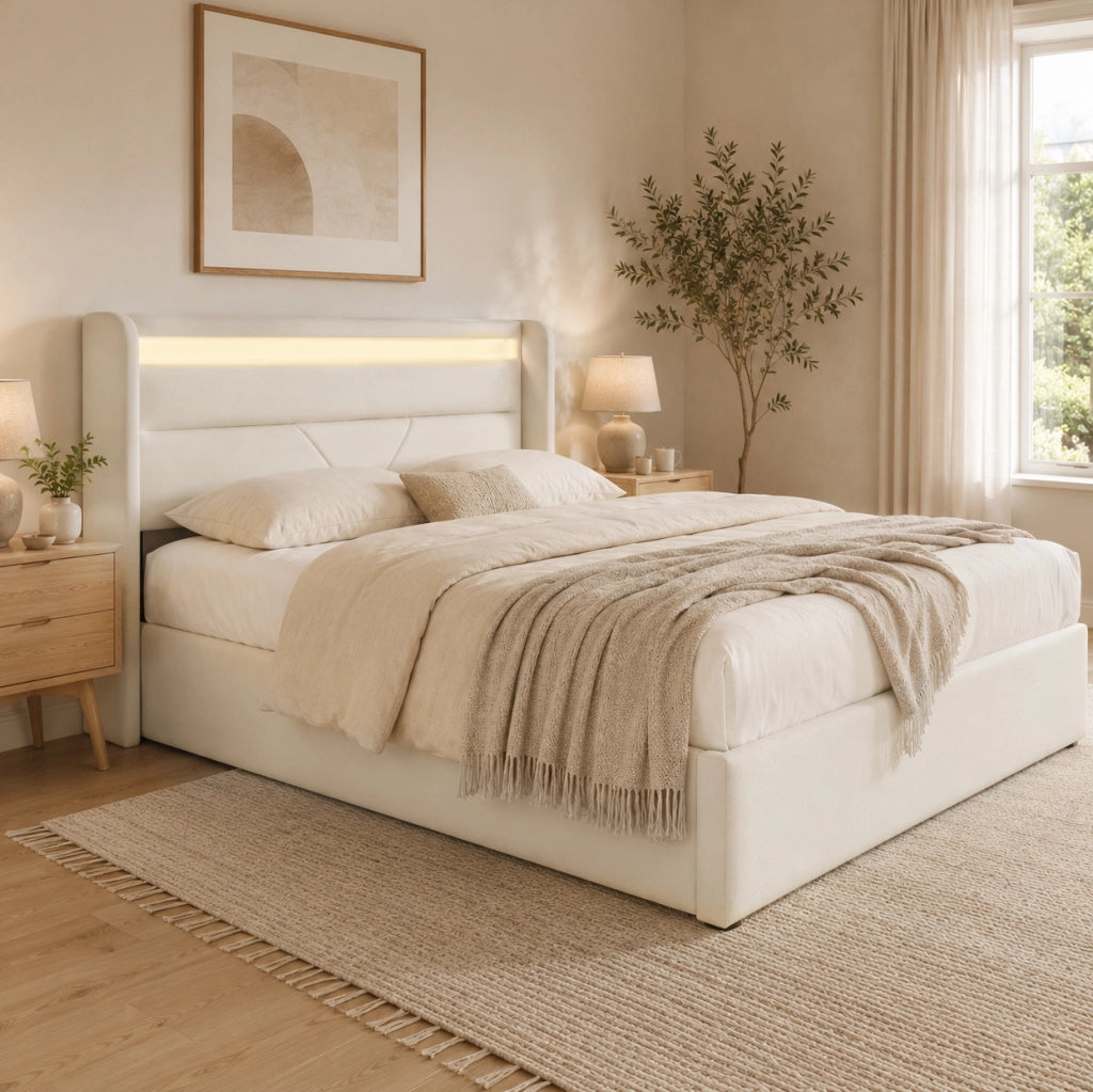 Letto contenitore idraulico imbottito 160x200 cm con luci LED e telecomando, bianco, struttura in PU