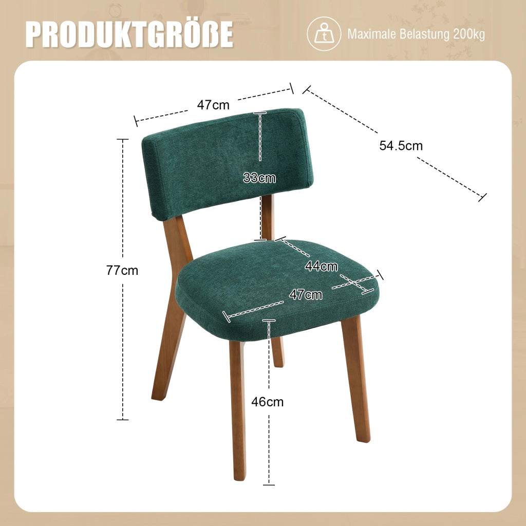 Sedie da sala da pranzo imbottite coppia con schienale ergonomico e gambe in legno massello, tessuto verde