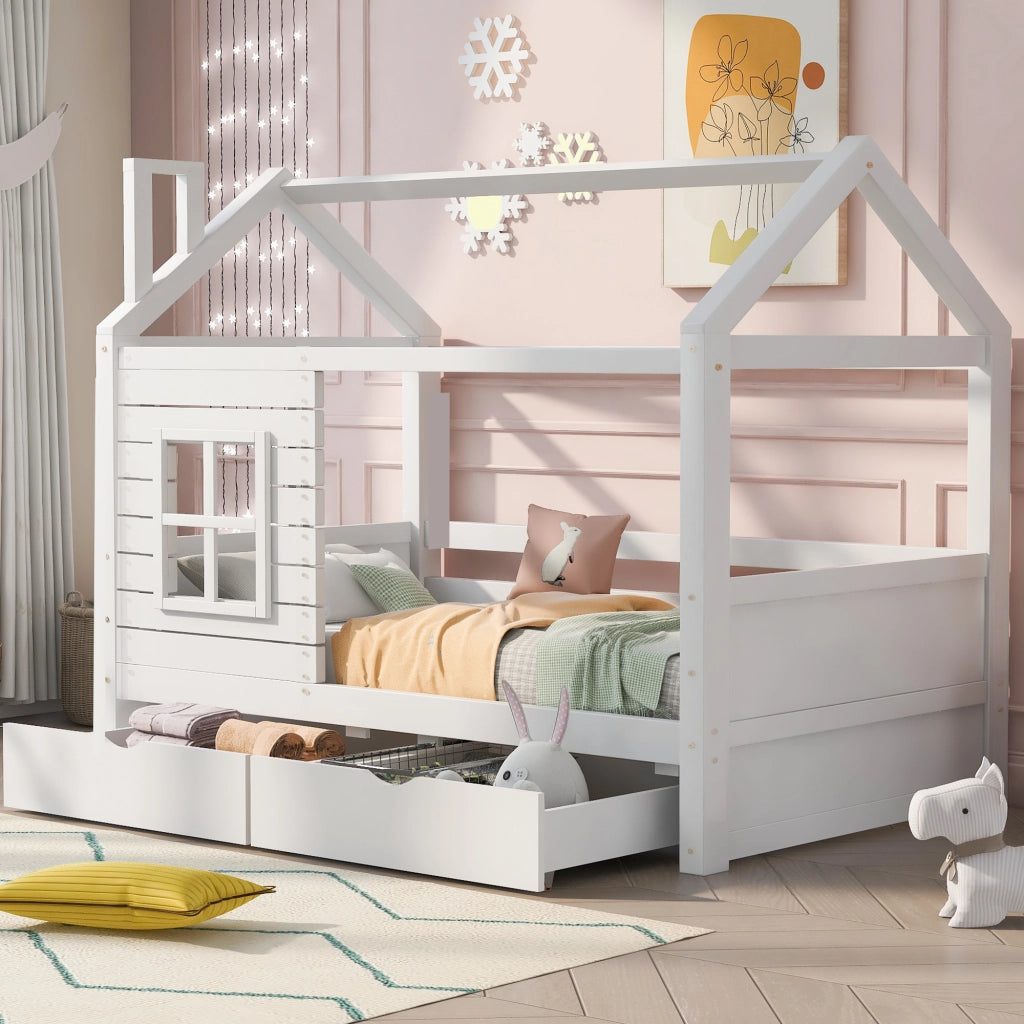 LETTO A CASETTA 90x200 cm Legno massello di pino Bianco con 2 cassetti
