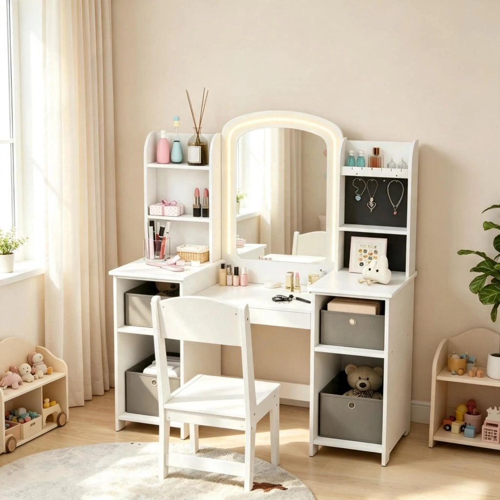 Set parrucchiere per bambini con sgabello e specchio LED, tavolo da trucco per età 3-8 anni