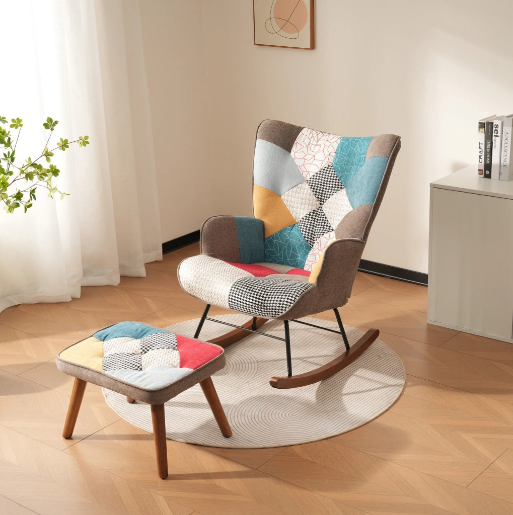 Sedia a dondolo con pouf patchwork, 69,5x50x88,5 cm, multicolore