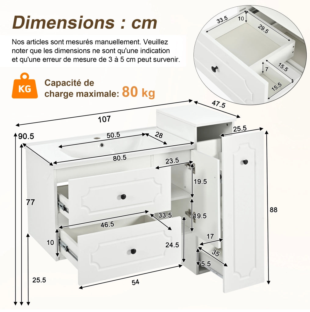 Set mobili bagno moderno 107 cm con lavabo in ceramica, 2 cassetti, mobile sottolavabo e colonna integrata bianco