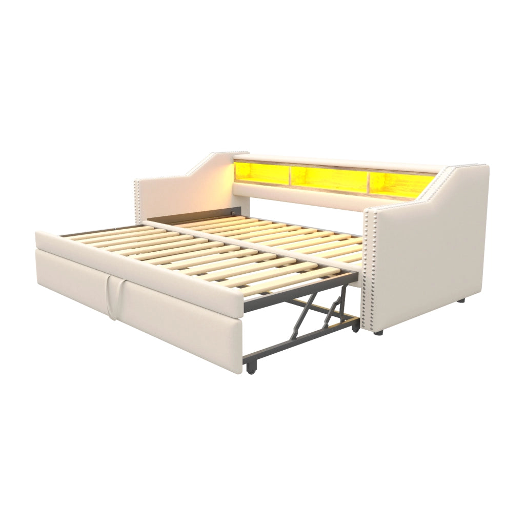 Divano letto 90 × 190 cm estraibile fino a 180 × 190 cm con ripiani laterali LED USB tessuto beige