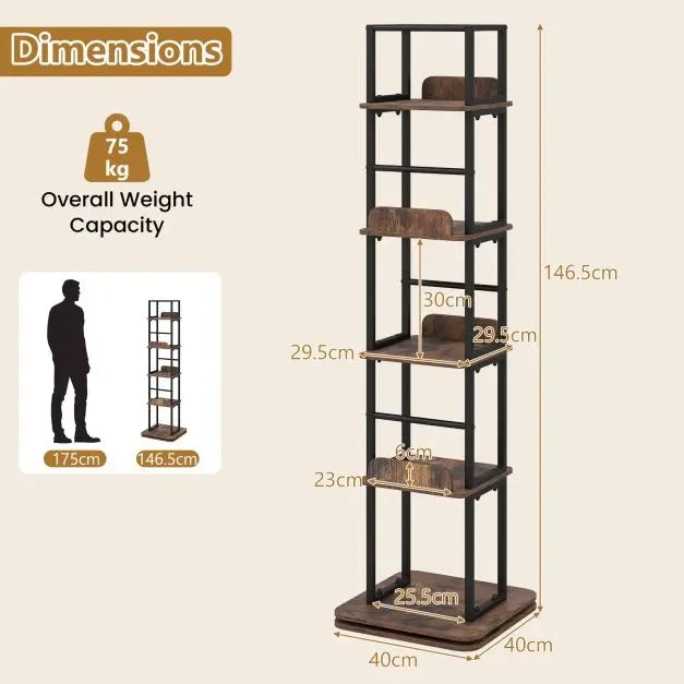Libreria Girevole a 360° a 5 Ripiani Scaffale a Colonna Salvaspazio con Telaio in Metallo per Casa e Ufficio Marrone