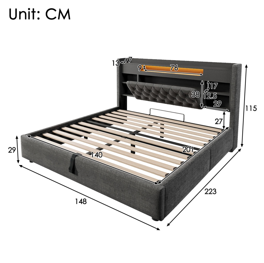 Letto 140x200 cm con contenitore idraulico, LED, USB e USB-C in lino grigio