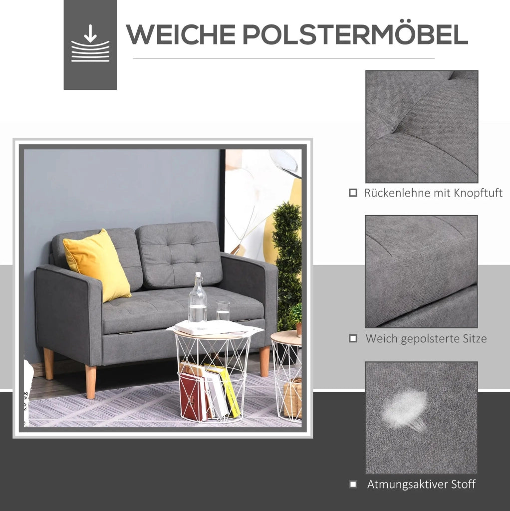 Divano 2 posti in cotone grigio con cuscini removibili e struttura in legno di gomma 117x62x78 cm