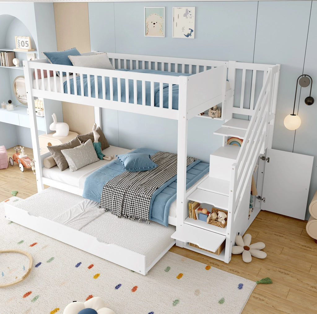 Letto a castello per bambini con letto estraibile; armadio; scaffale e vano contenitore 90x200 cm bianco