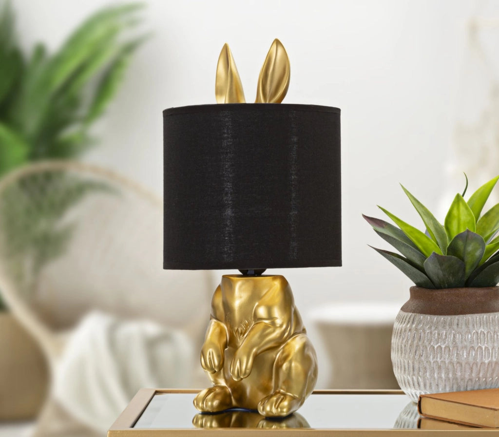 Lampada da tavolo con coniglio nascosto dorato, paralume nero diam 20x43cm