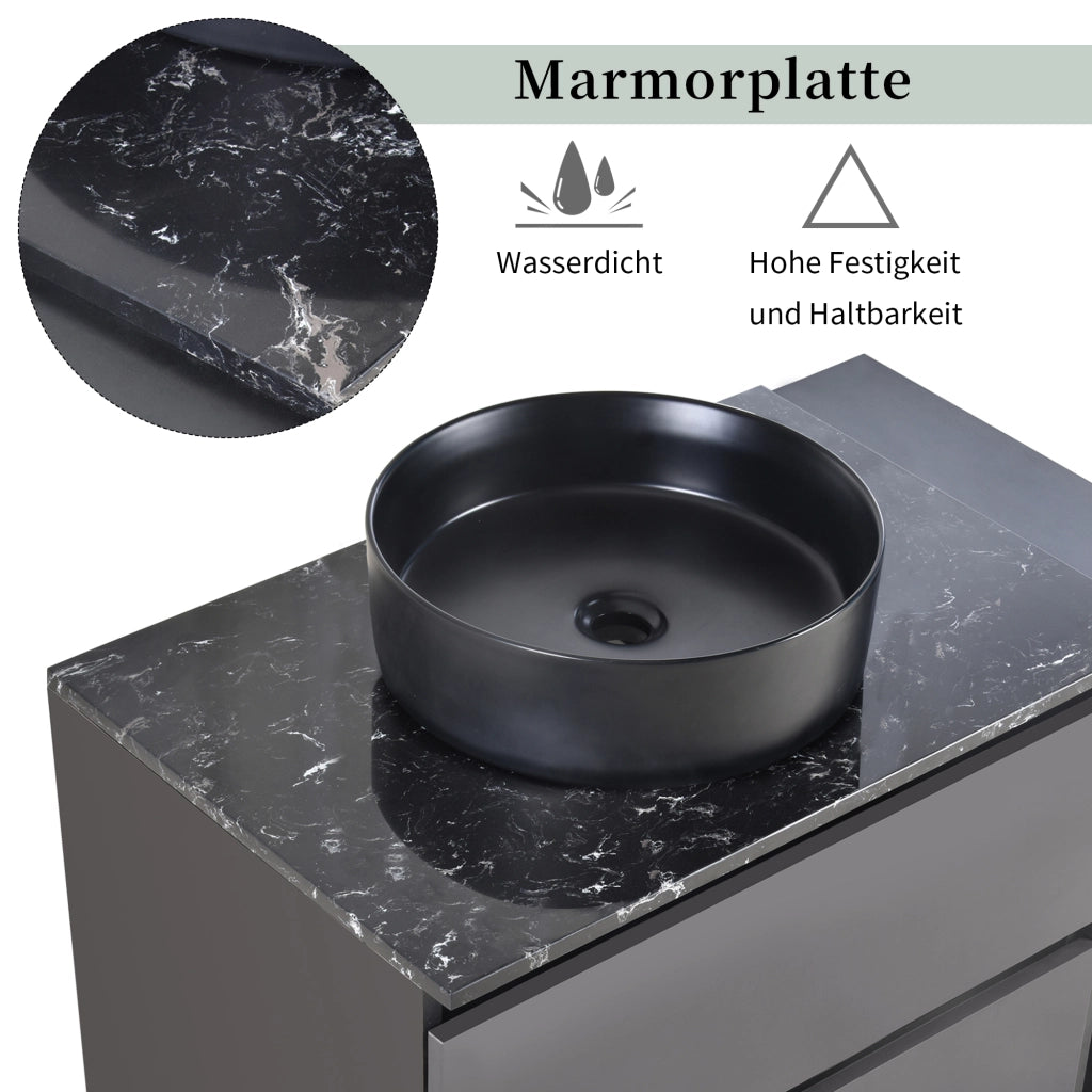 Mobiletto con lavabo rotondo in ceramica nero cassetti vano aperto piano in marmo MDF grigio 80.0 × 44.0 × 48.5 cm