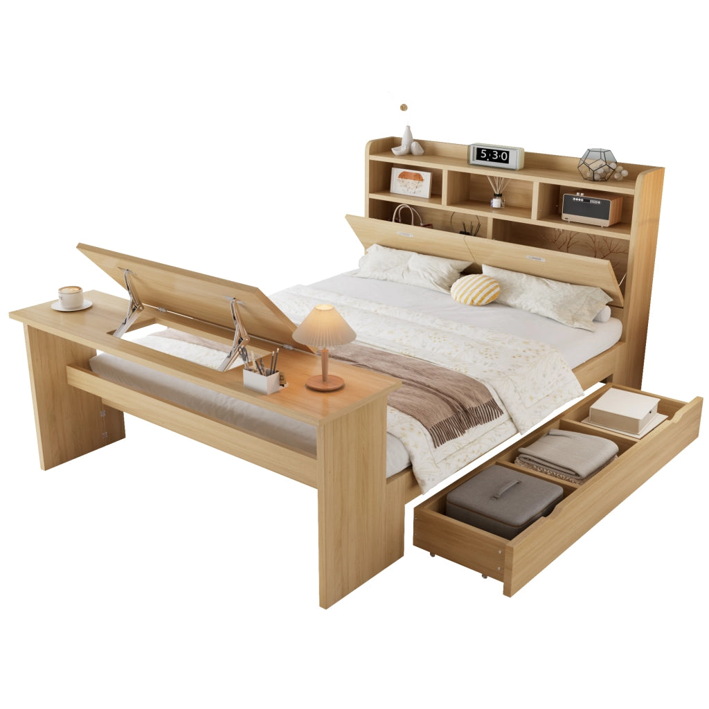 Letto una piazza e mezza 140×200 cm con cassetto; ripiani e tavolo pieghevole regolabile; senza materasso