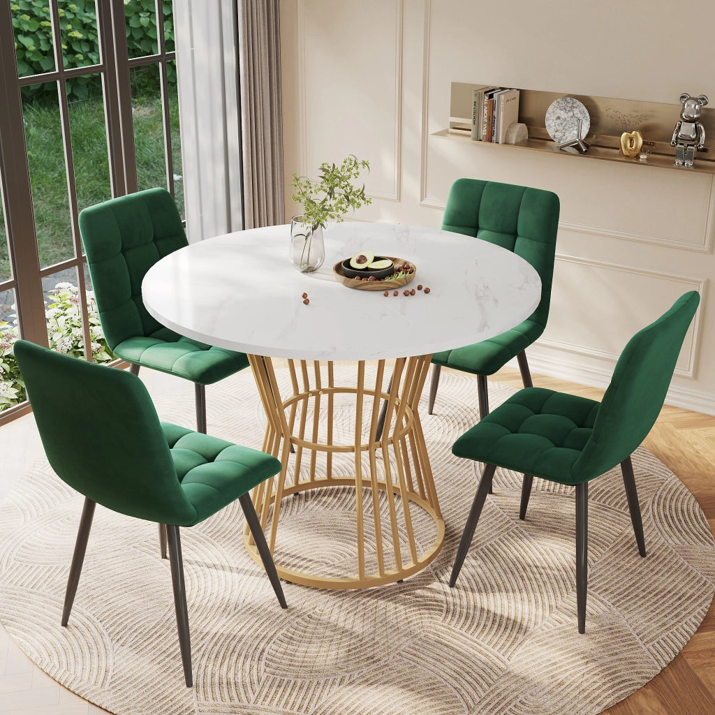 Set tavolo e sedie 5 pezzi con tavolo rotondo in MDF effetto marmo e 4 sedie in velluto verde 75 × 100 × 100 cm