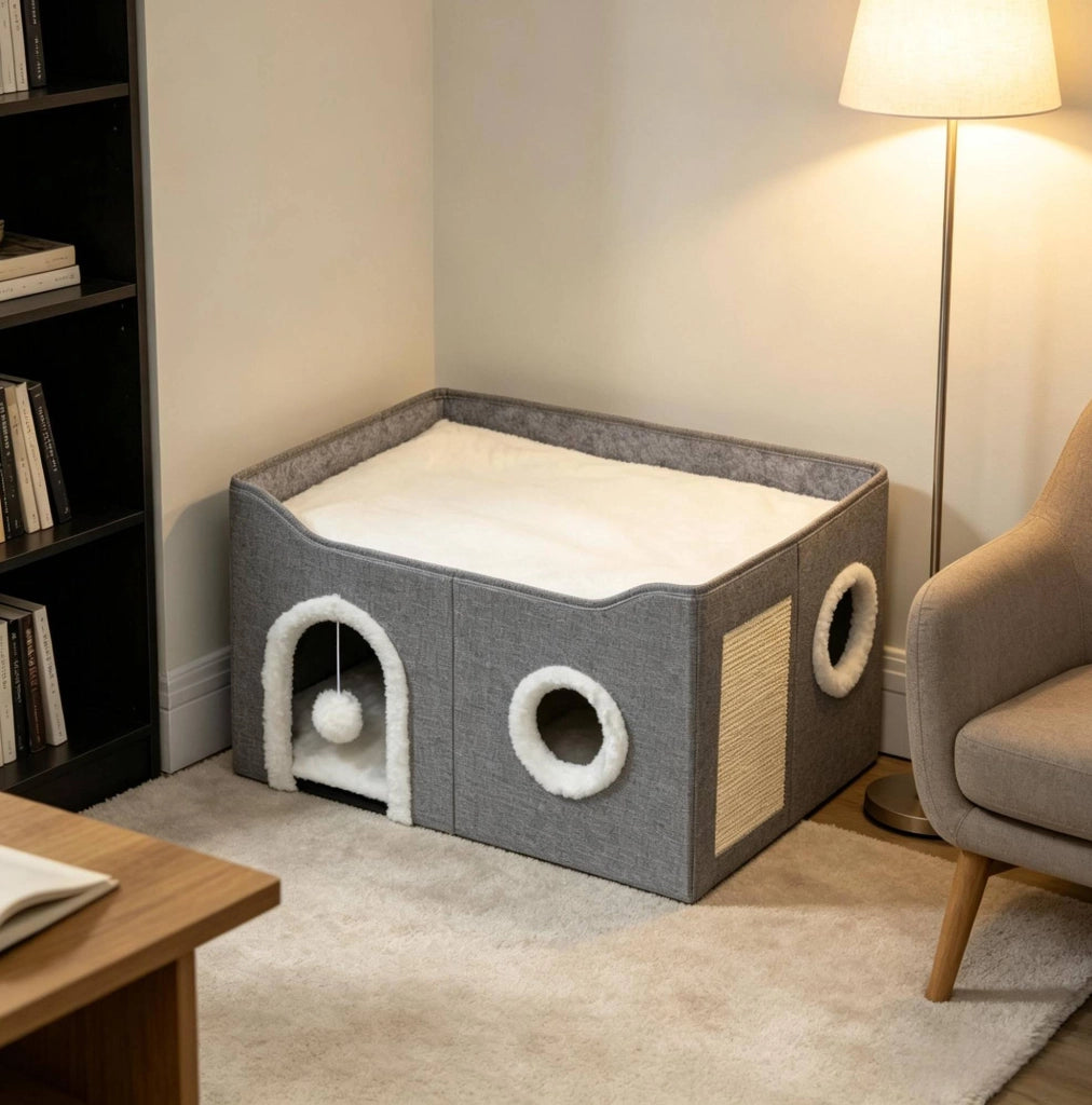 Casetta pieghevole per gatti 60x40x34 cm in MDF e sisal, grigia, con tiragraffi compatta