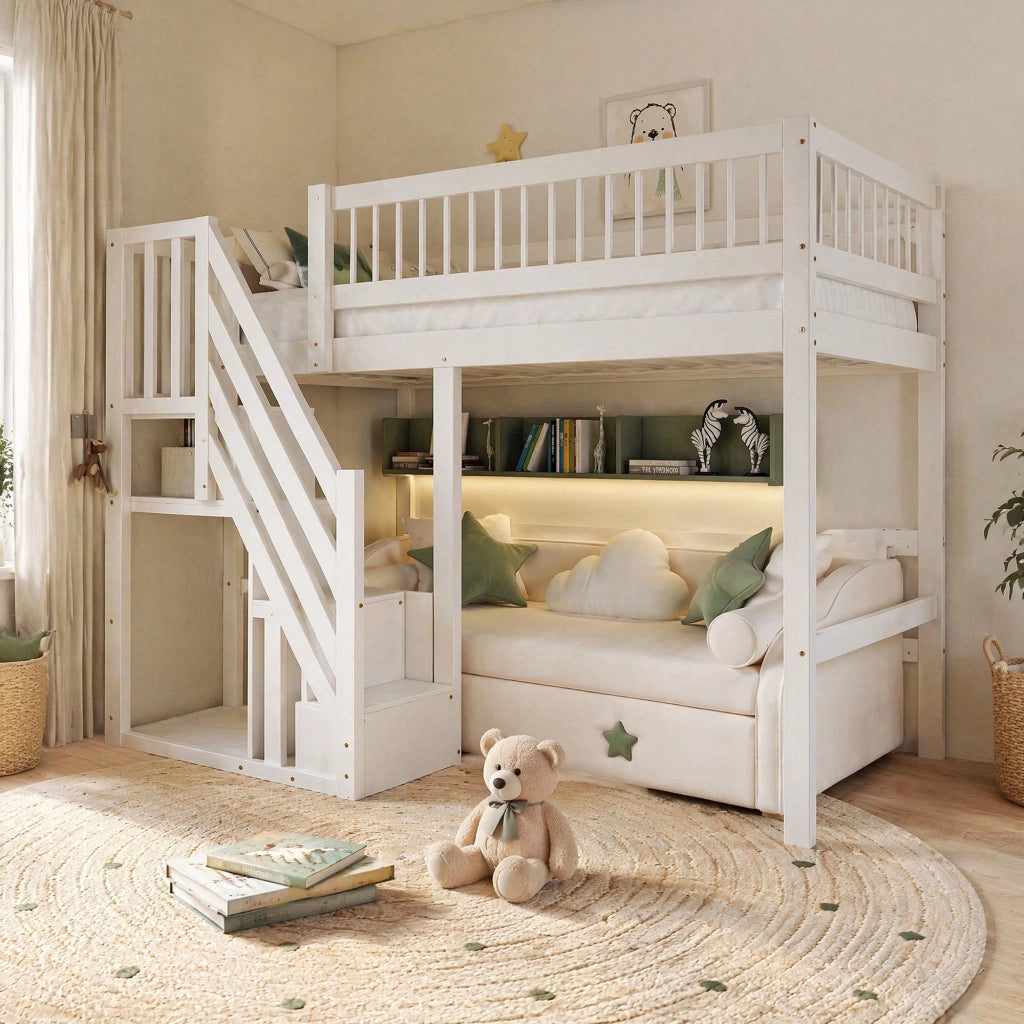 Letto a soppalco singolo 90x200 cm con scala contenitore; bianco