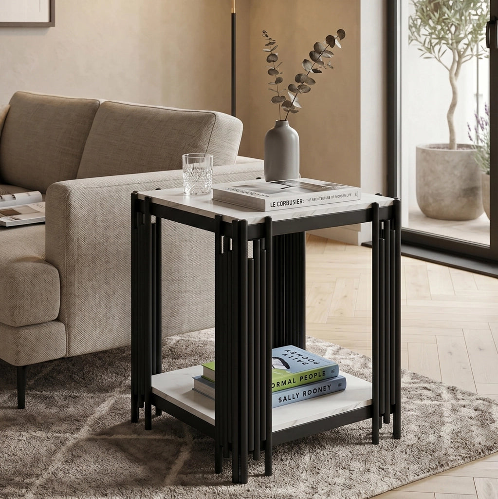 Comodino a 2 ripiani in MDF effetto marmo bianco e nero