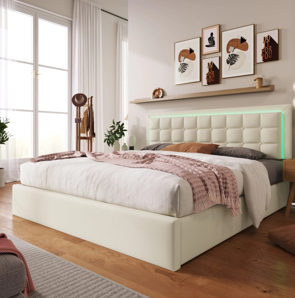 Letto matrimoniale imbottito 180x200 cm con rete a doghe, contenitore e striscia LED bianca in ecopelle senza materasso
