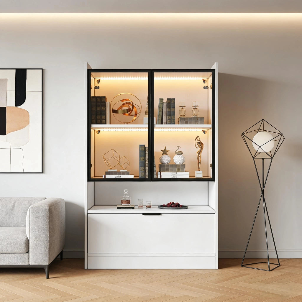 Vetrina LED con ante in vetro e vano inferiore ribalta; per soggiorno o sala da pranzo; pannelli truciolari bianchi; 80 × 35 × 120 cm