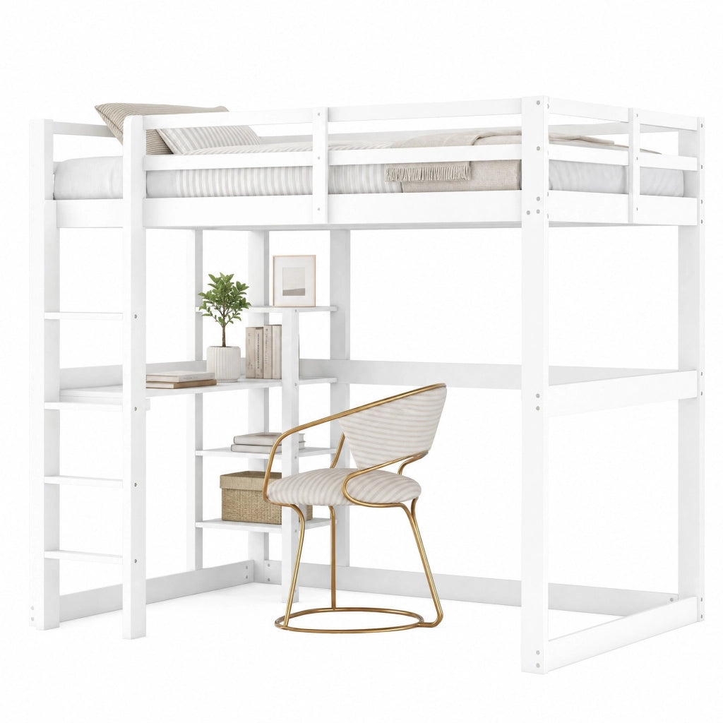 Letto a soppalco 140x200 cm con scrivania e 4 ripiani in pino e MDF; bianco antico
