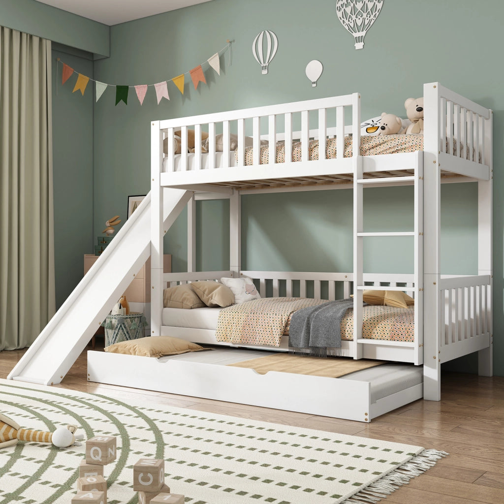 Letto a castello per bambini bianco con letto estraibile, scivolo, scala a 4 gradini e mensole, 90x200/90x190 cm, in pino e MDF