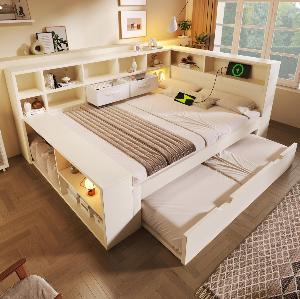 Letto 140x190 con letto estraibile, vani contenitore e prese USB/Type-C, bianco